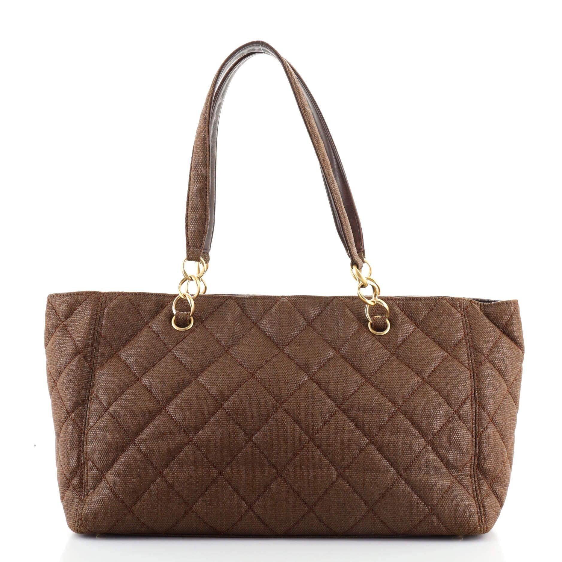 Brown Chanel Vintage CC Chain Tote Quilted Raffia Large