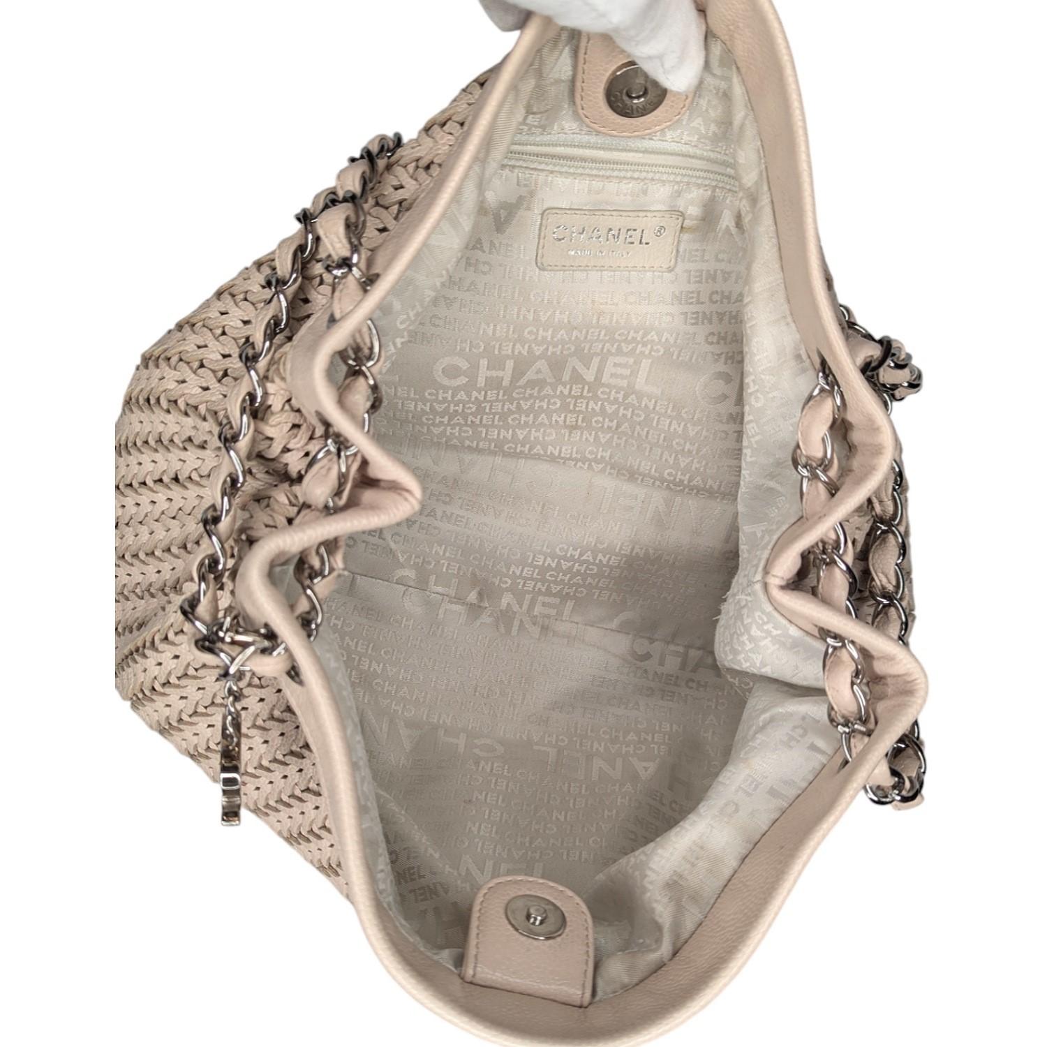 Chanel Vintage CC Charm Beige Woven Leather Tote For Sale 2