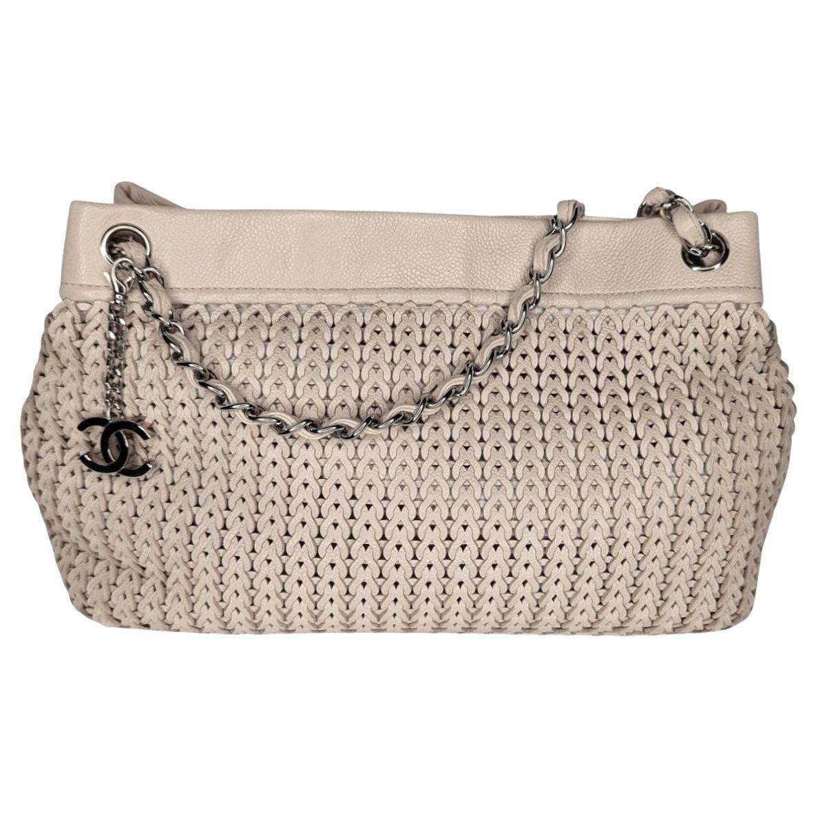 Chanel Vintage CC Charm Beige Woven Leather Tote For Sale