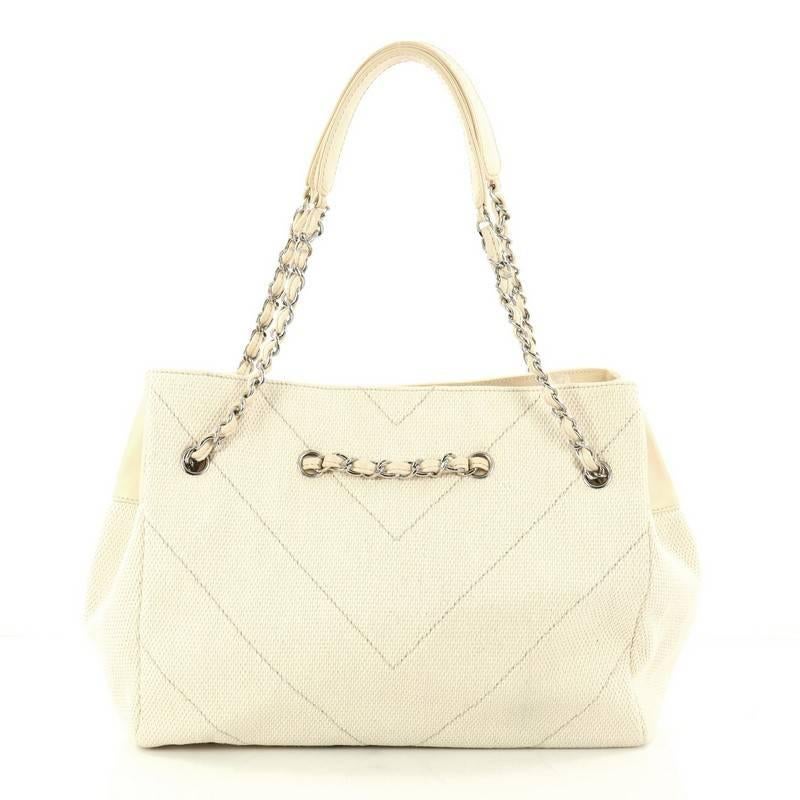 Chanel Vintage CC Charm Tote Chevron Canvas Large  In Good Condition In NY, NY