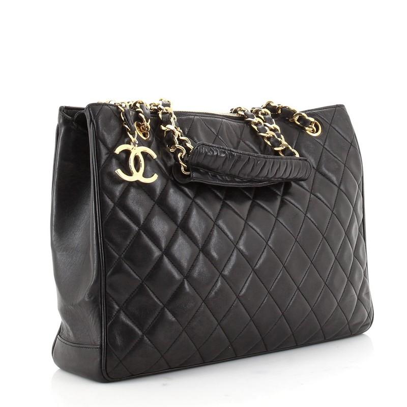 Black Chanel Vintage CC Charm Tote Quilted Lambskin Large