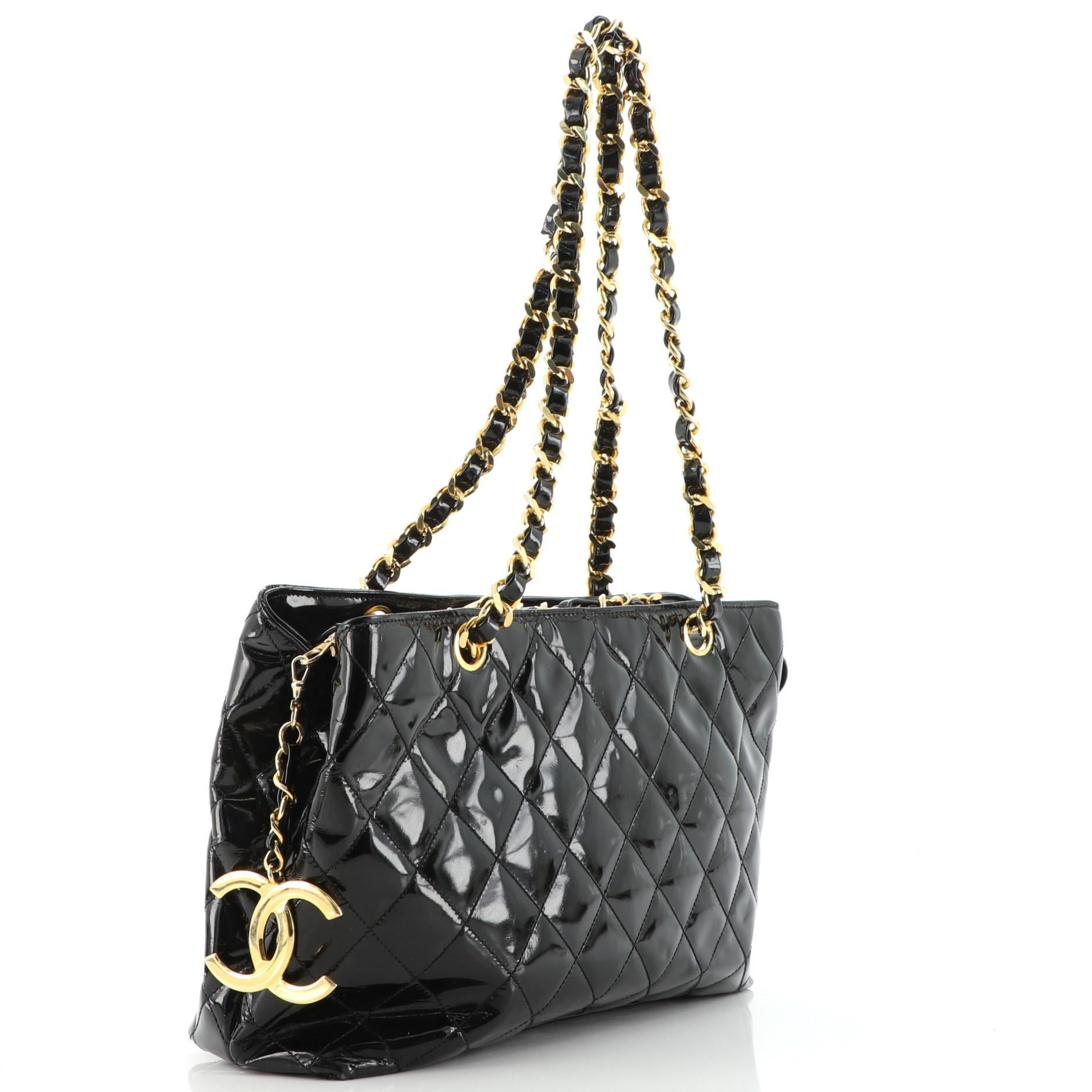 Black Chanel Vintage CC Charm Tote Quilted Patent Medium