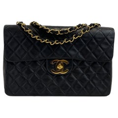 Chanel - Vintage CC Classic Black Single Flap Quilted Lambskin Maxi Shoulder Bag