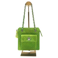 Chanel Vintage CC Coco Mark Green Velvet Quilted Front Pocket Shoulder Bag