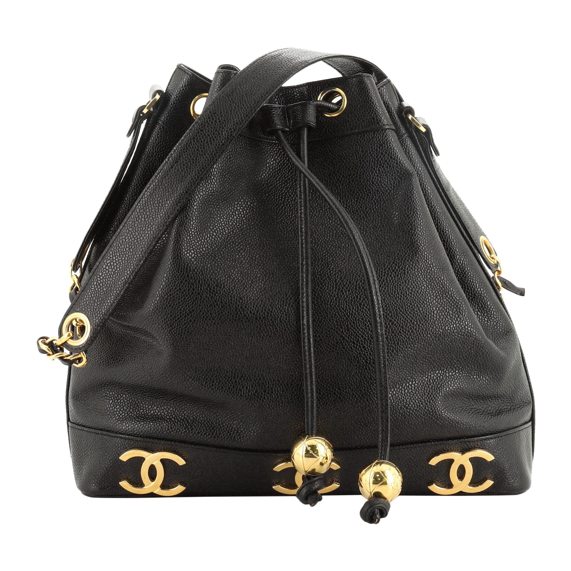 Chanel Vintage CC Drawstring Bucket Bag Caviar Medium