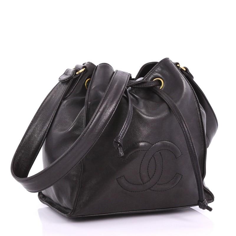 Black Chanel Vintage CC Drawstring Bucket Bag Lambskin Small