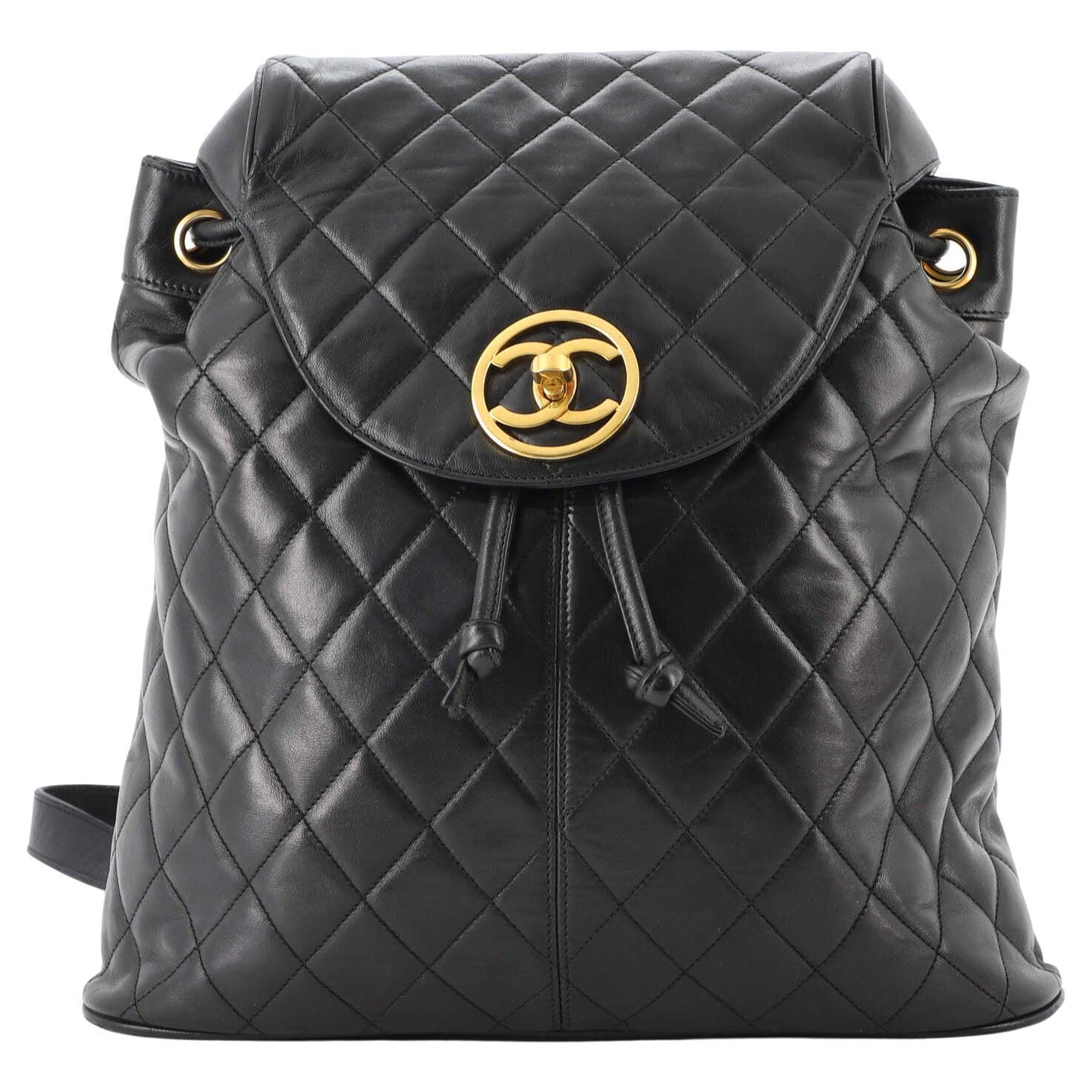 Unusual Chanel Square Quilted Black Leather Backpack Bag With Chain
