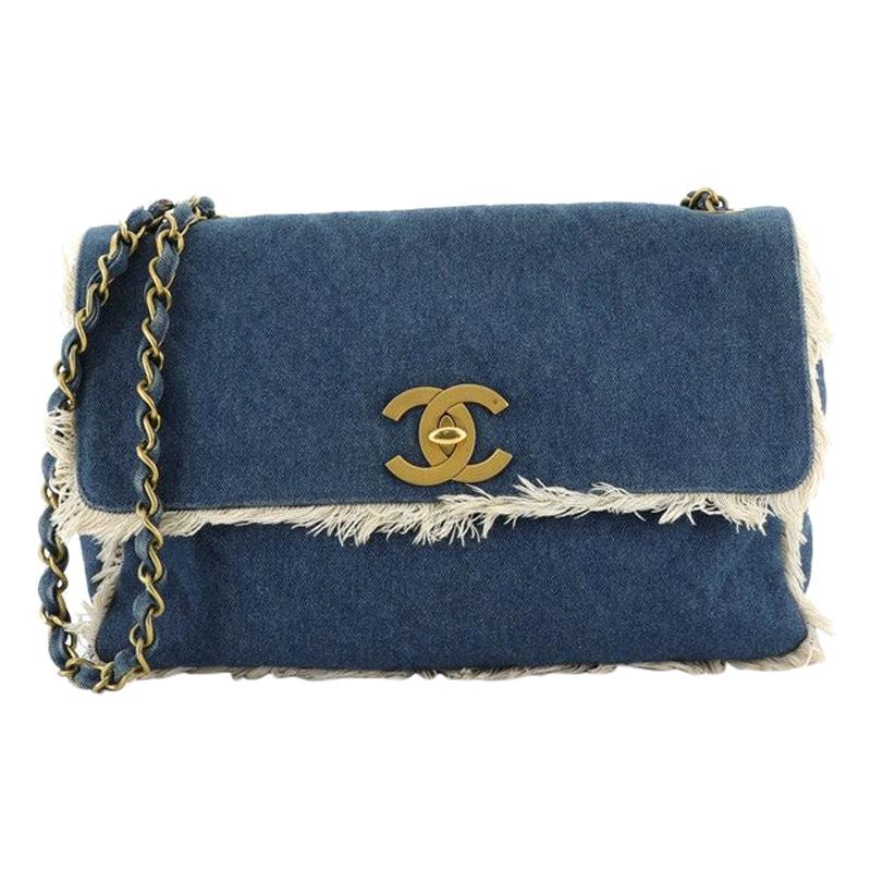Chanel Vintage CC Flap Bag Fringe Quilted Denim Jumbo 