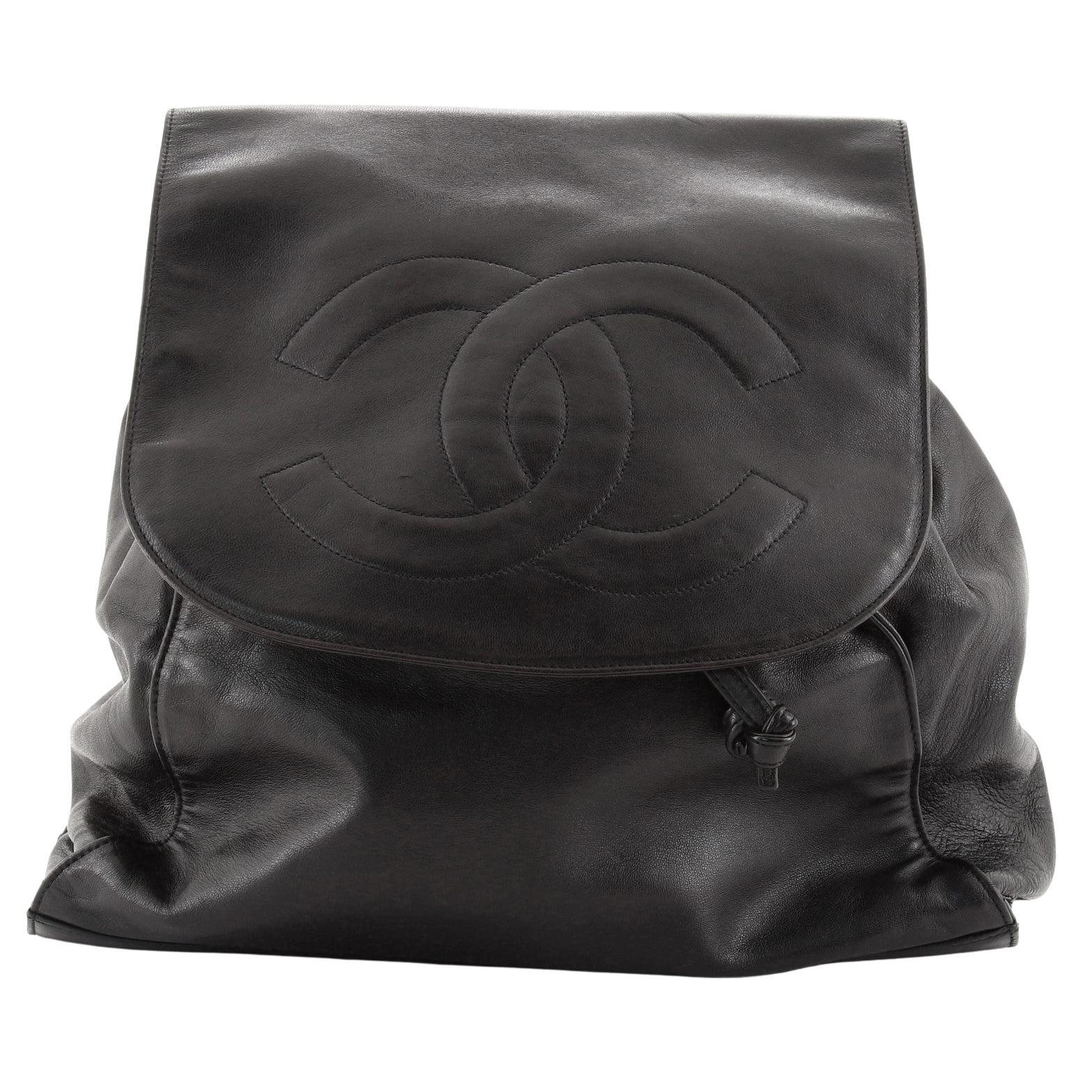 Unusual Chanel Square Quilted Black Leather Backpack Bag With Chain