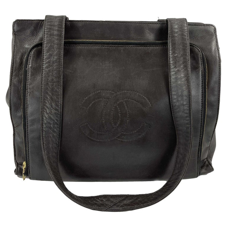 CHANEL Vintage CC Logo 90s Large Zipper Pocket Brown Shoulder Bag at