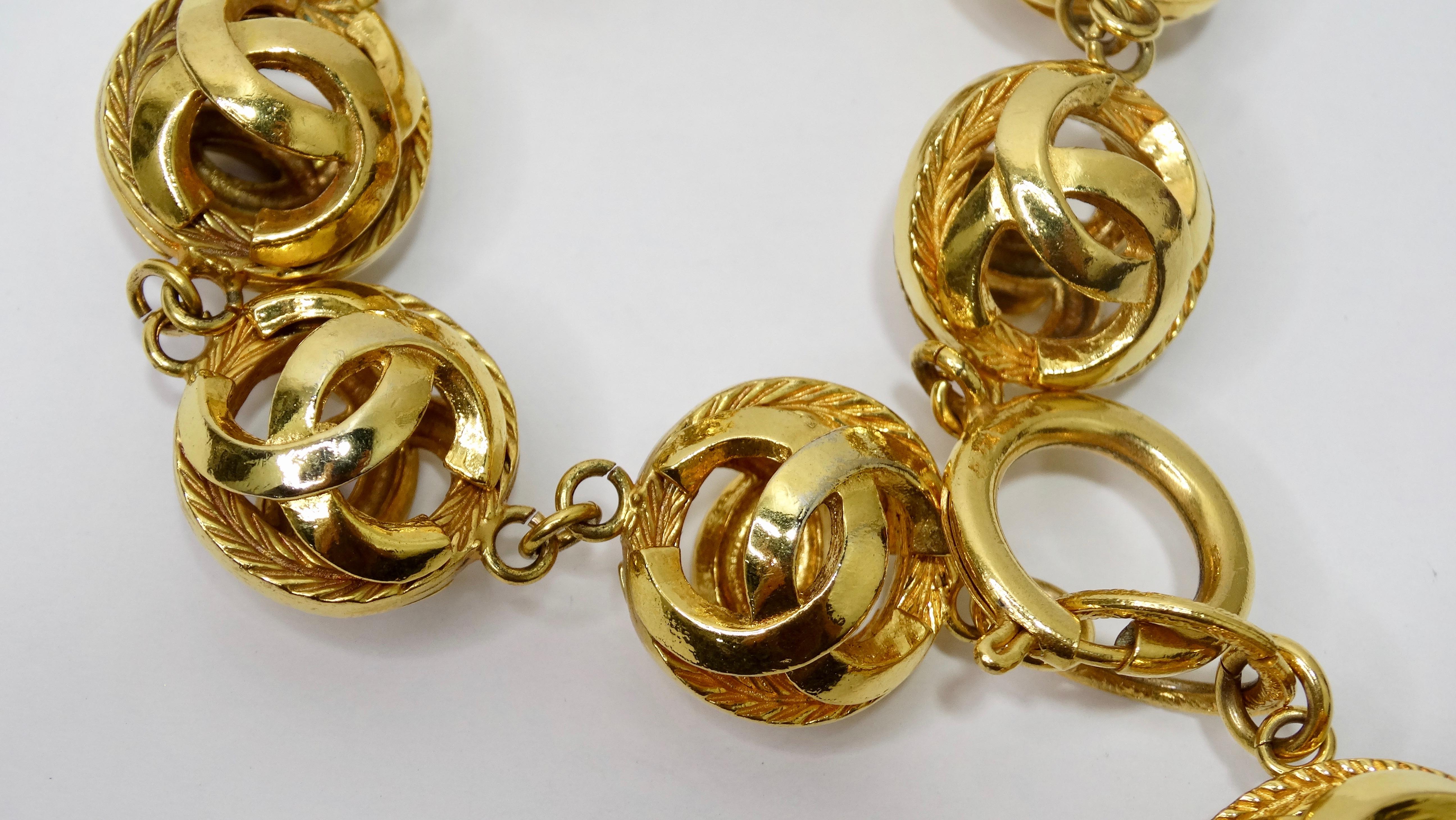Everyone needs a great vintage Chanel piece! Circa early 1980s, this gold plated Chanel bracelet features linked spheres with the iconic CC logo on both sides. Includes a spring-ring closure and is stamped Chanel Made in France. The perfect