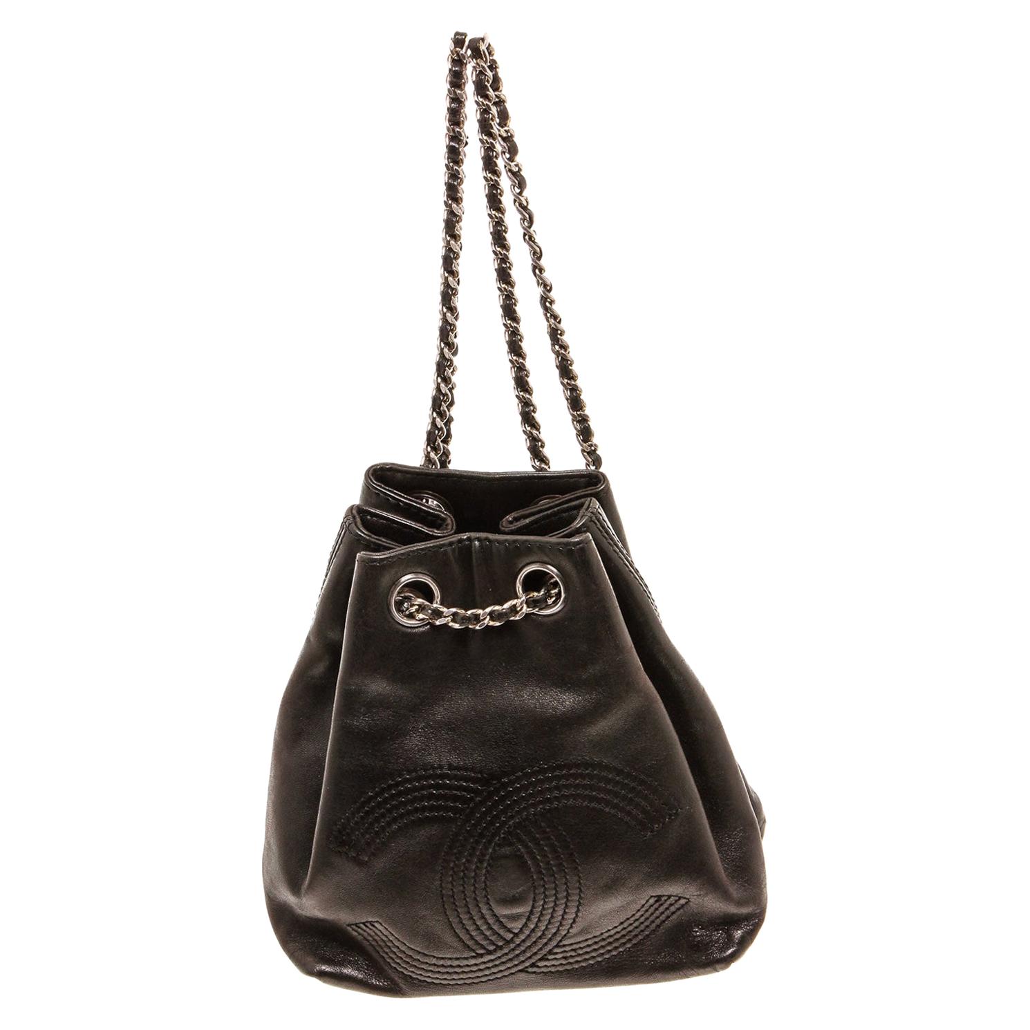 Chanel mini drawstring bag black calfskin pearl chain ของใหม พรอมสง   Iris Shop