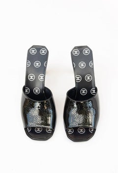 Chanel Vintage CC Patent Black Mules Barbie Heels Sz 36