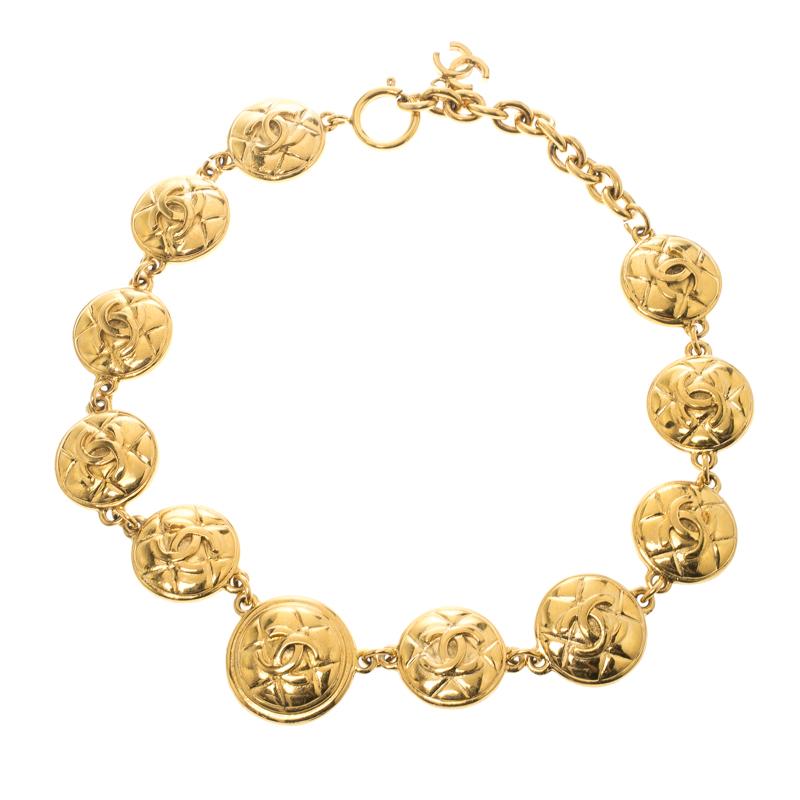Chanel Vintage CC Quilted Medallion Gold Tone Necklace