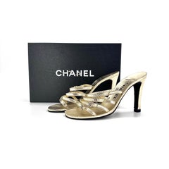 Chanel Vintage CC Rhinestone Gold Metallic Multi Strap Logo Mules Sandal 37.5