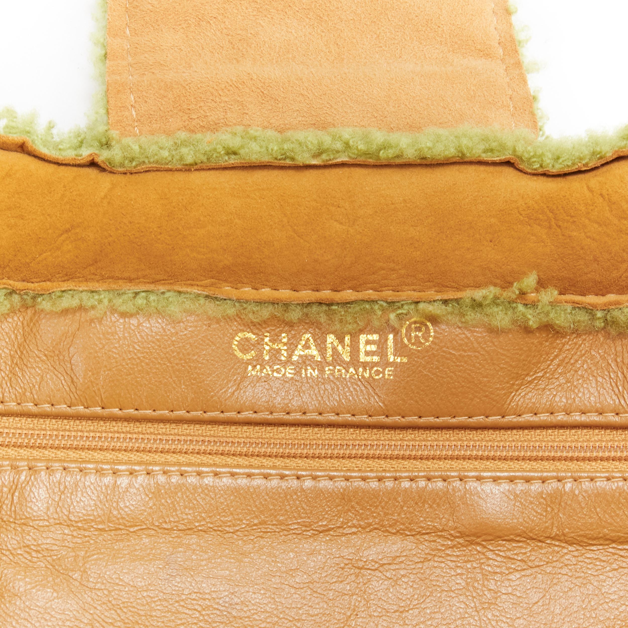 CHANEL Vintage CC turnlock tan brown green shearling leather shoulder tote bag 6