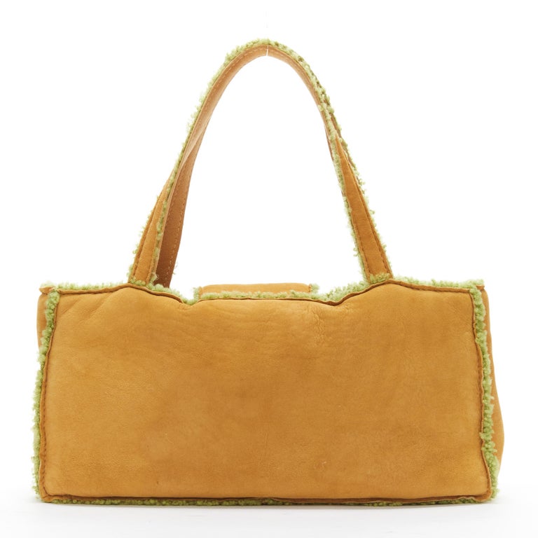 CHANEL Vintage CC turnlock tan brown green shearling leather shoulder tote  bag