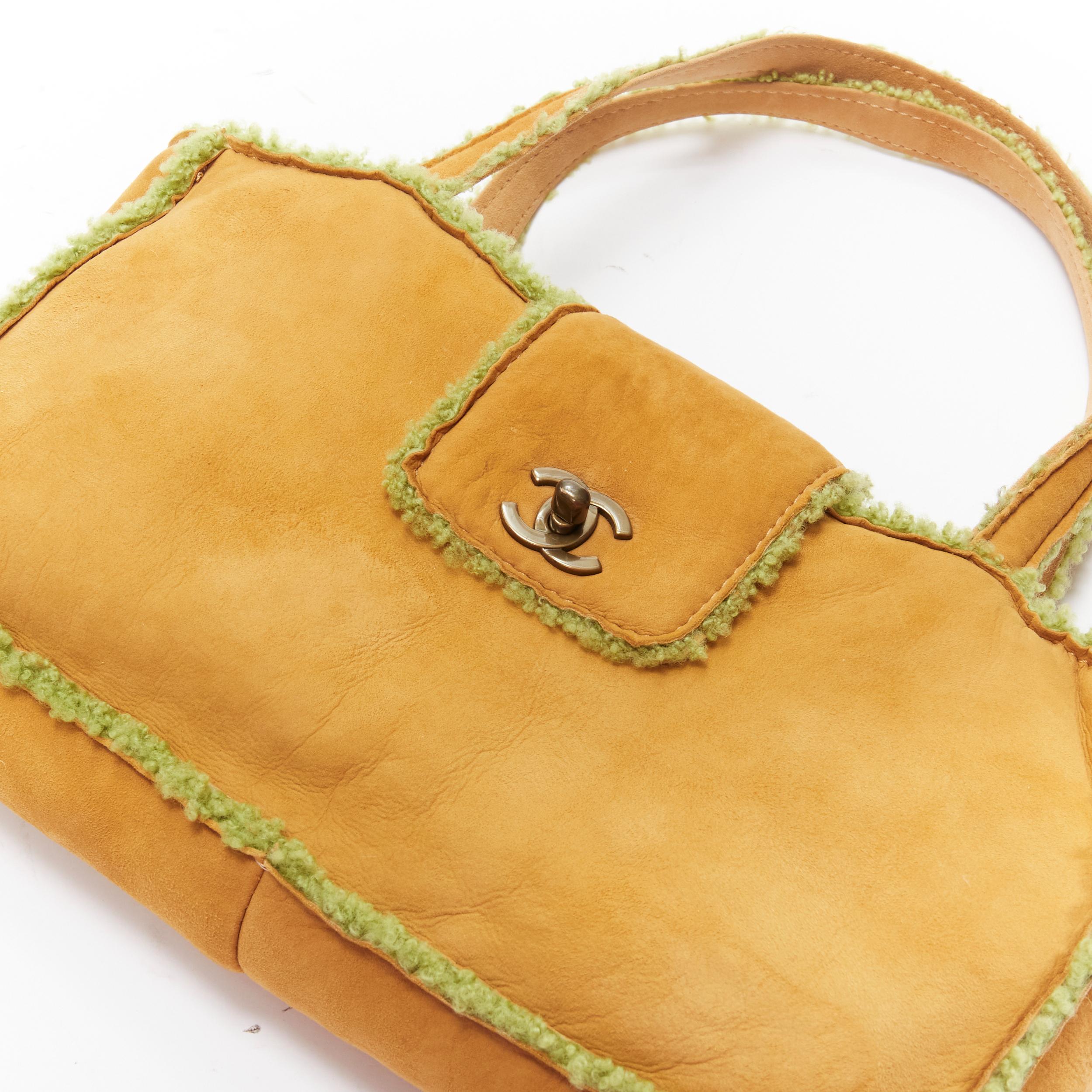 CHANEL Vintage CC turnlock tan brown green shearling leather shoulder tote bag 3