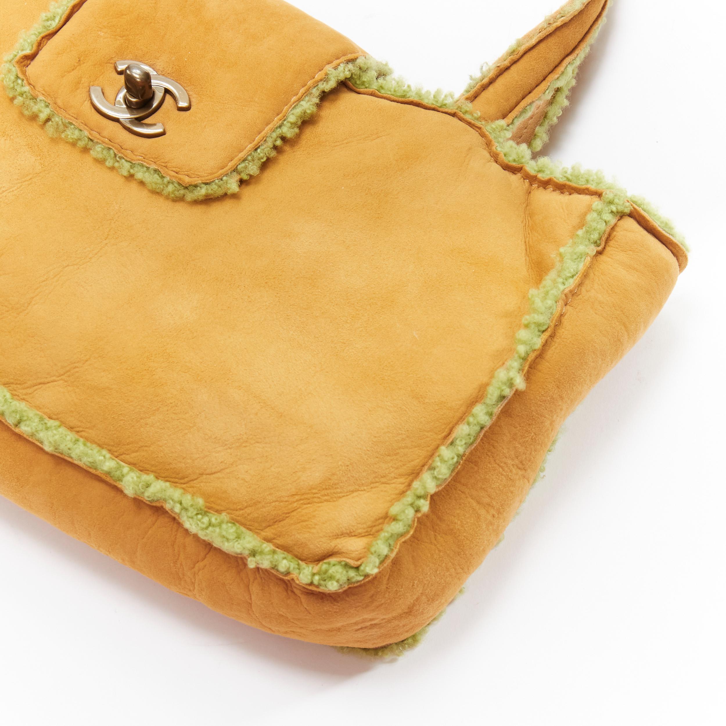 CHANEL Vintage CC turnlock tan brown green shearling leather shoulder tote bag 4