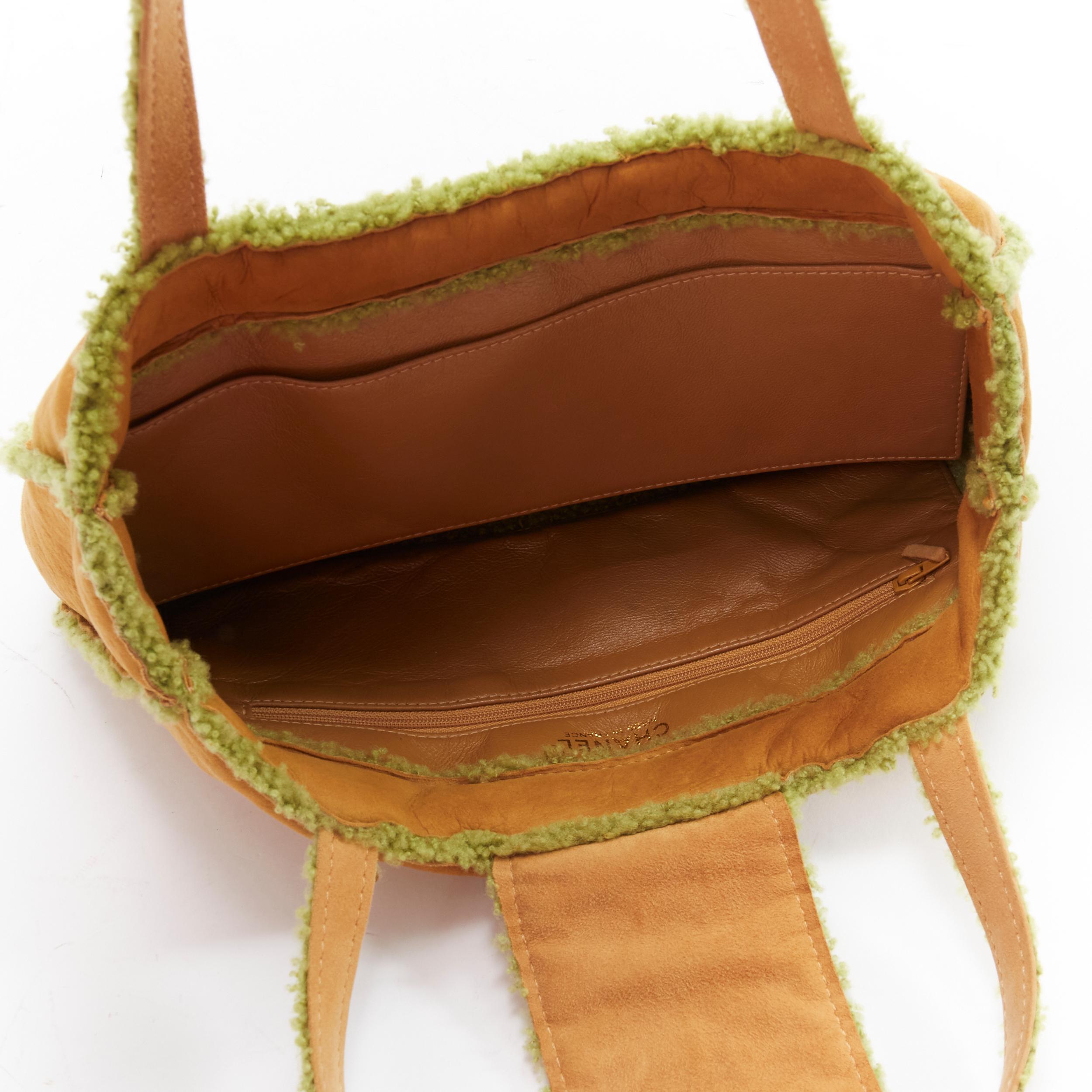 CHANEL Vintage CC turnlock tan brown green shearling leather shoulder tote bag 5