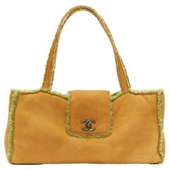CHANEL Vintage CC turnlock tan brown green shearling leather shoulder tote bag