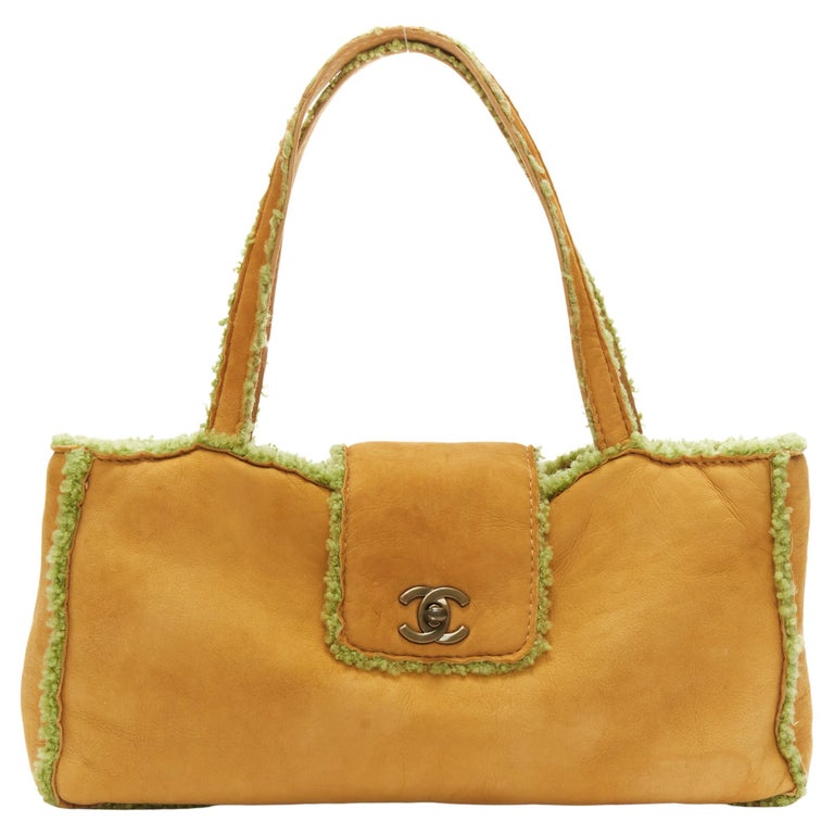 CHANEL Vintage CC turnlock tan brown green shearling leather shoulder tote  bag at 1stDibs