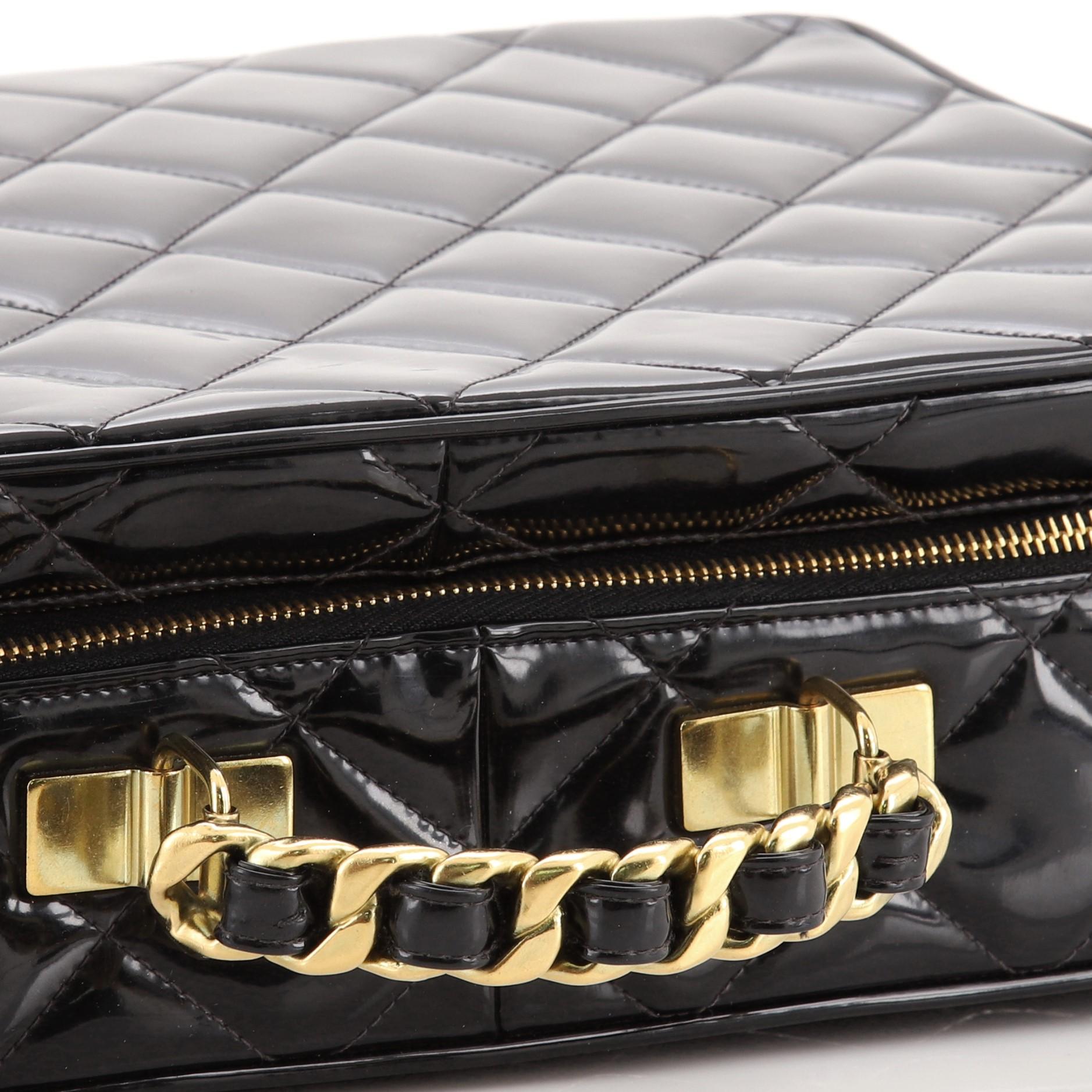 Black Chanel Vintage Chain Lunch Box Bag Quilted Patent Large