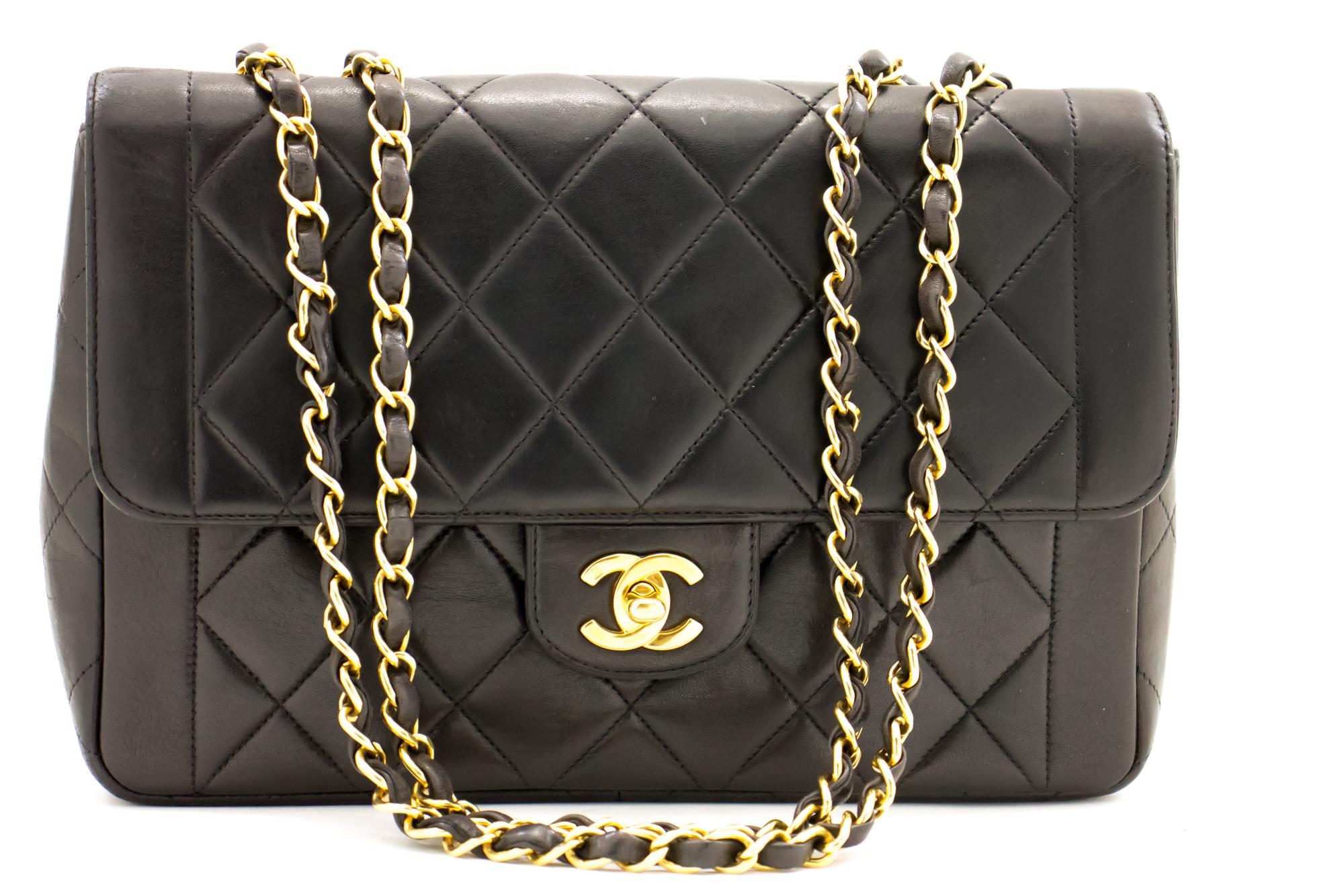 An authentic CHANEL Vintage Chain Shoulder Bag Black Quilted Flap made of black Lambskin. The color is Black. The outside material is Leather. The pattern is Solid. This item is Vintage / Classic. The year of manufacture would be