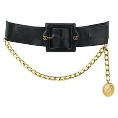 Chanel Vintage Chain Trimmed Leather Waist Belt 70cm 