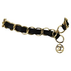 Chanel Vintage Chain Trimmed Leather Waist Belt 75cm 