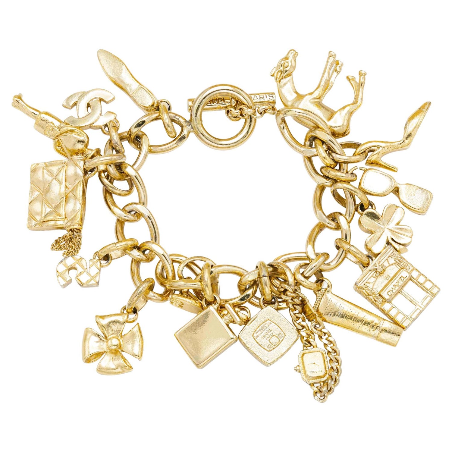 Chanel Faux Pearl, Leather & Strass Charm Bracelet - Burgundy, Gold-Plated  Charm, Bracelets - CHA938882