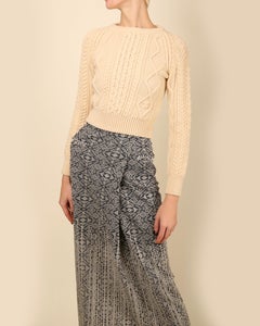 Chanel vintage chunky cable knit cropped cream wool logo CC dress sweater 34