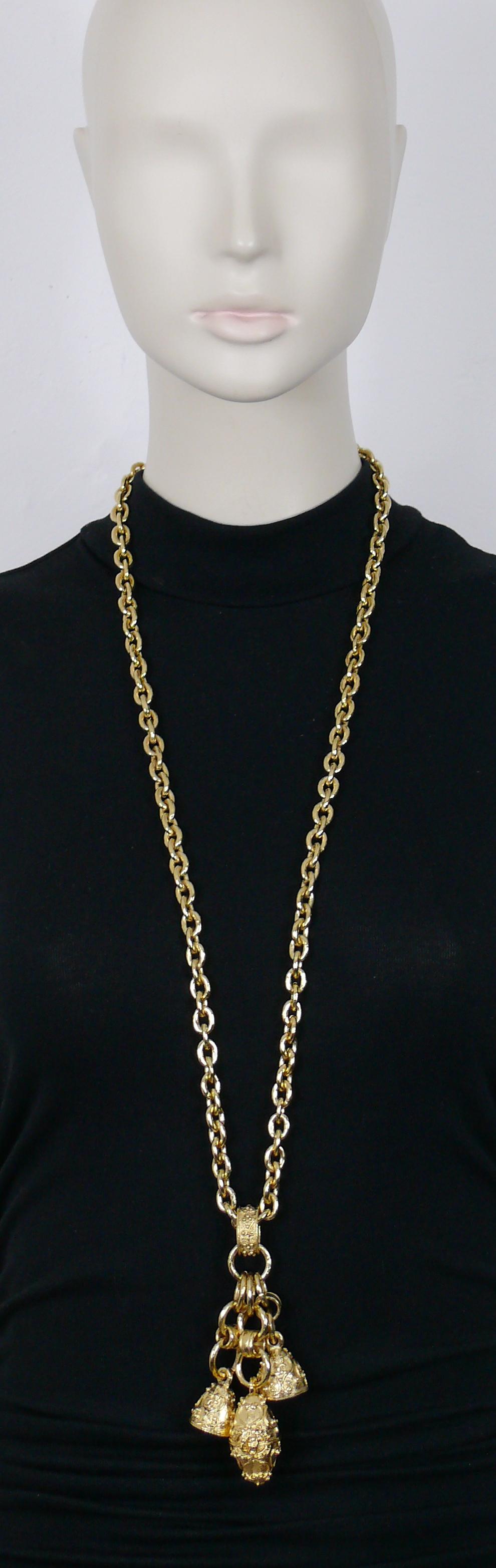 CHANEL vintage 1994 chunky gold toned chain necklace featuring a pendant with two bells (tinklings) and one 