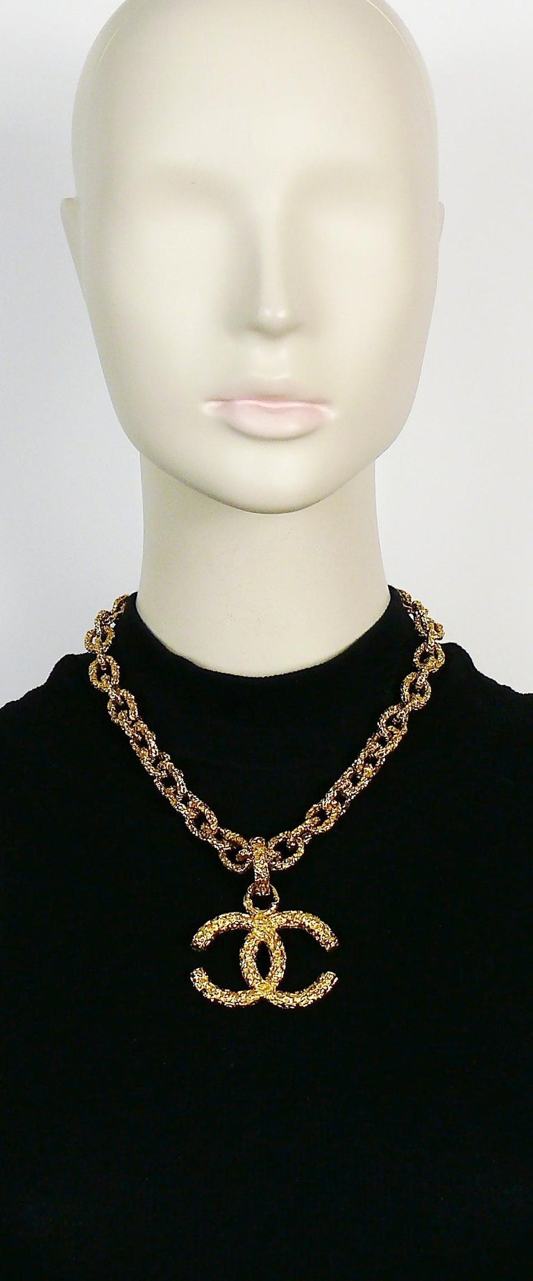 Chanel Vintage Chunky Gold Toned Textured CC Logo Pendant Necklace