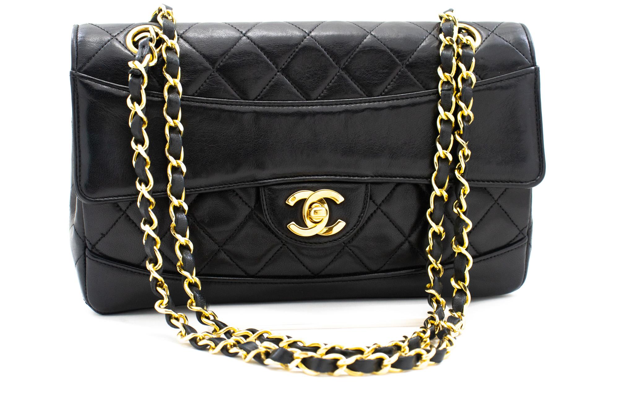 An authentic CHANEL Vintage Classic Chain Shoulder Bag Flap Quilted made of black Lambskin. The color is Black. The outside material is Leather. The pattern is Solid. This item is Vintage / Classic. The year of manufacture would be