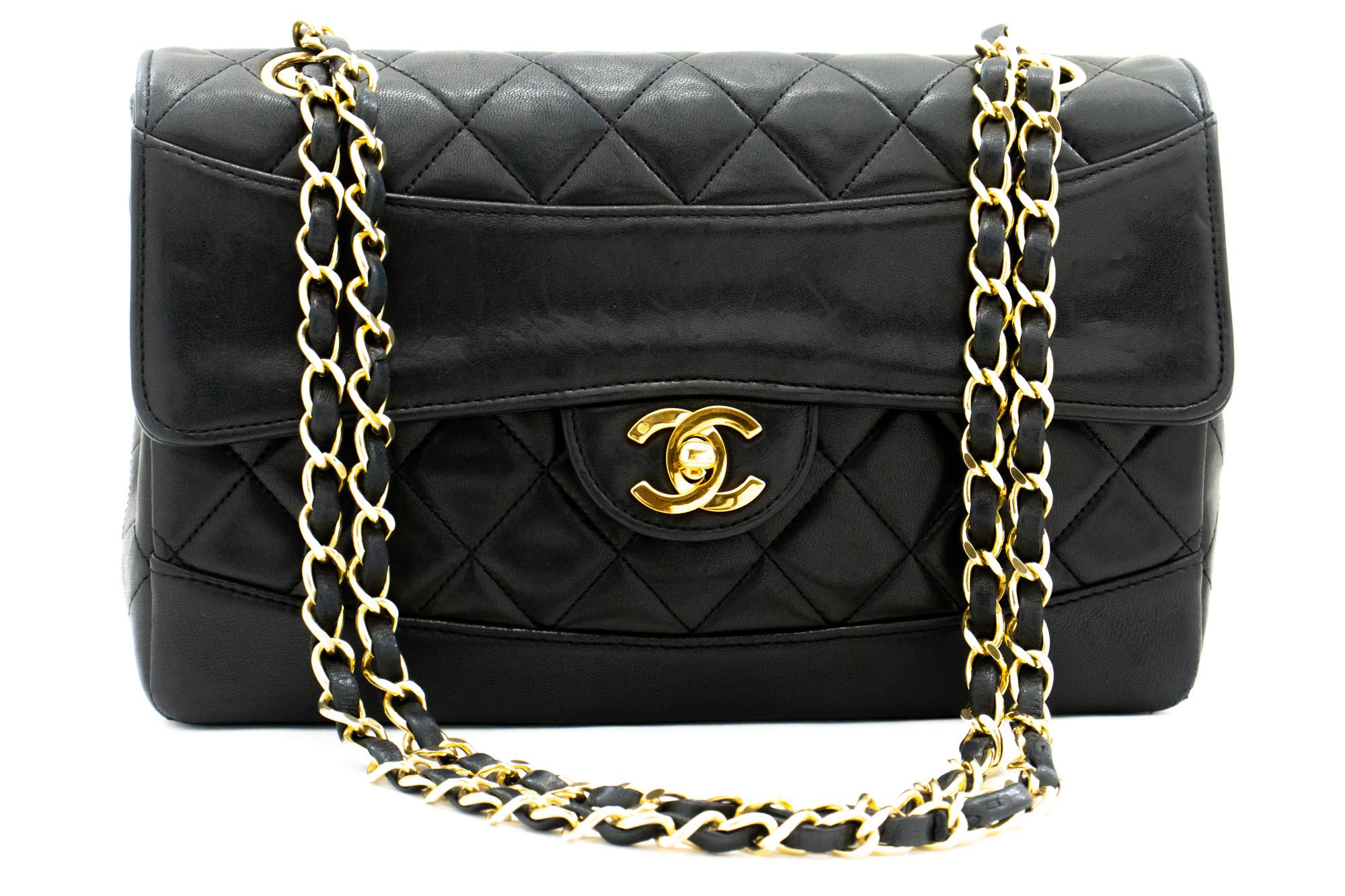 An authentic CHANEL Vintage Classic Chain Shoulder Bag Flap Quilted made of black Lambskin. The color is Black. The outside material is Leather. The pattern is Solid. This item is Vintage / Classic. The year of manufacture would be