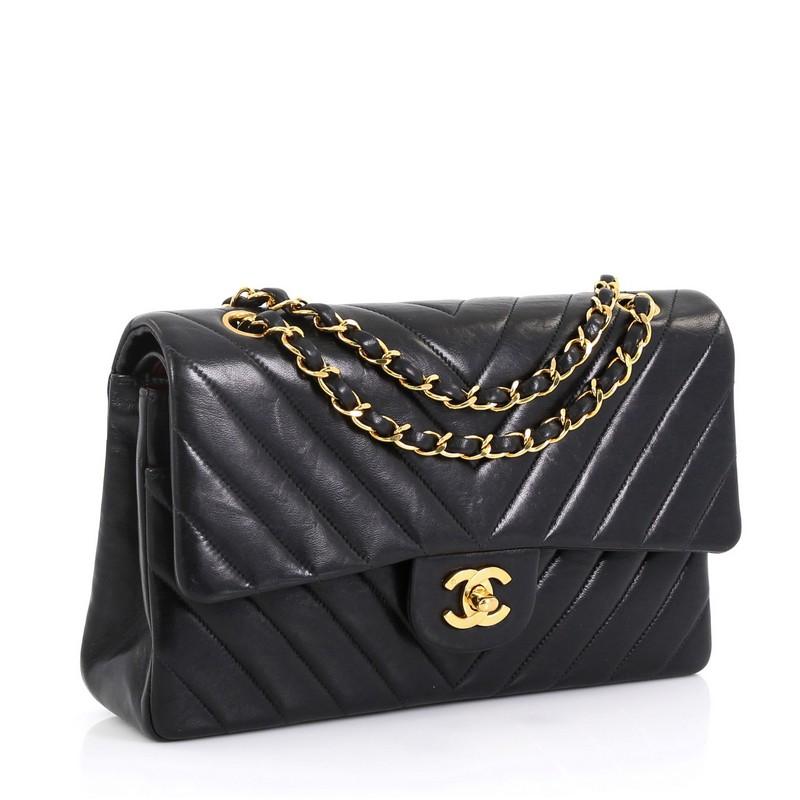 Black Chanel Vintage Classic Double Flap Bag Chevron Lambskin Medium