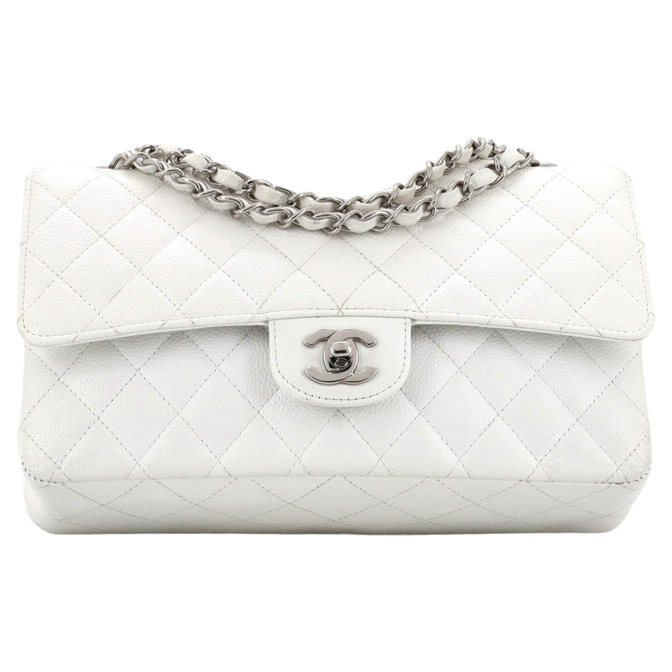 Chanel White Quilted Caviar Medium Classic Double Flap with Silver Chain