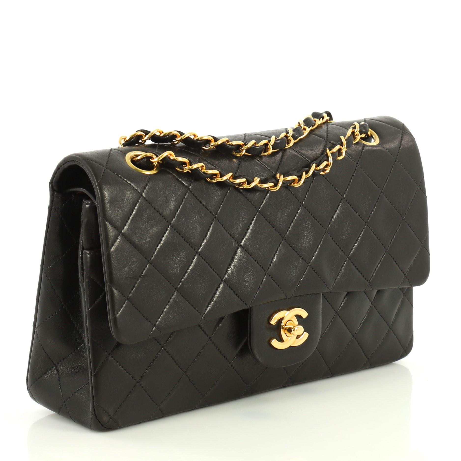 Black Chanel Vintage Classic Double Flap Bag Quilted Lambskin Medium