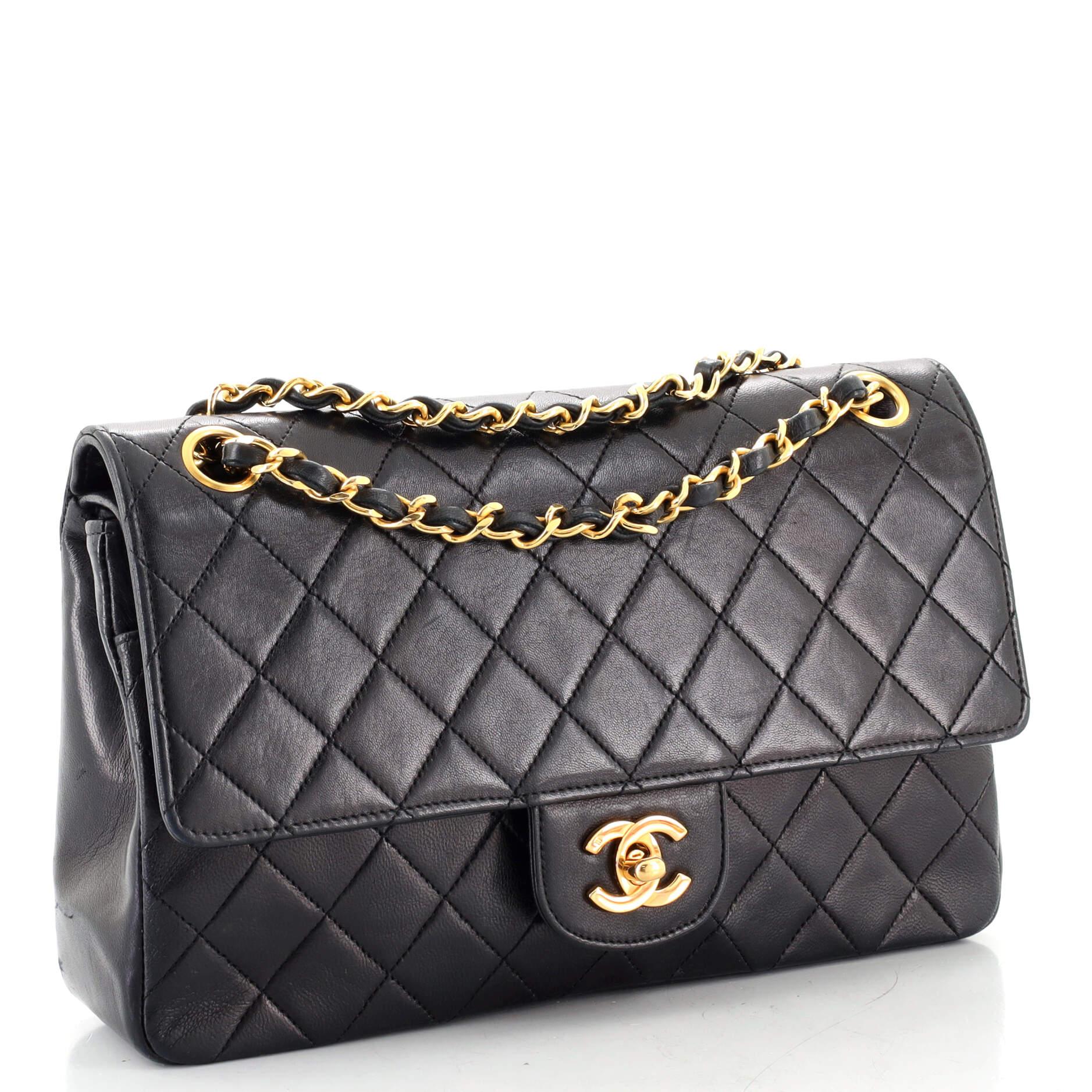 Black Chanel Vintage Classic Double Flap Bag Quilted Lambskin Medium