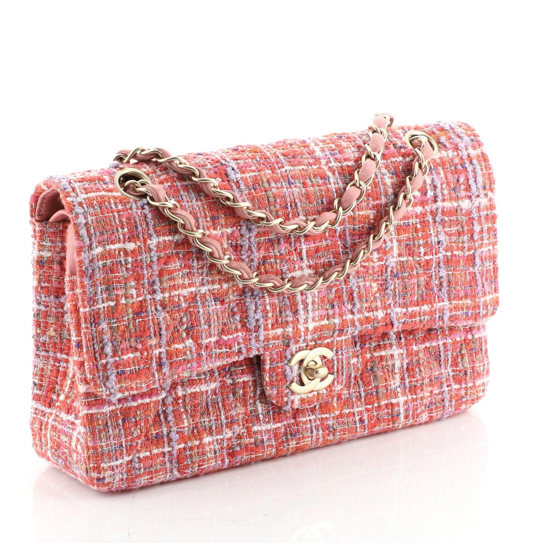 Pink Chanel Vintage Classic Double Flap Bag Quilted Tweed Medium