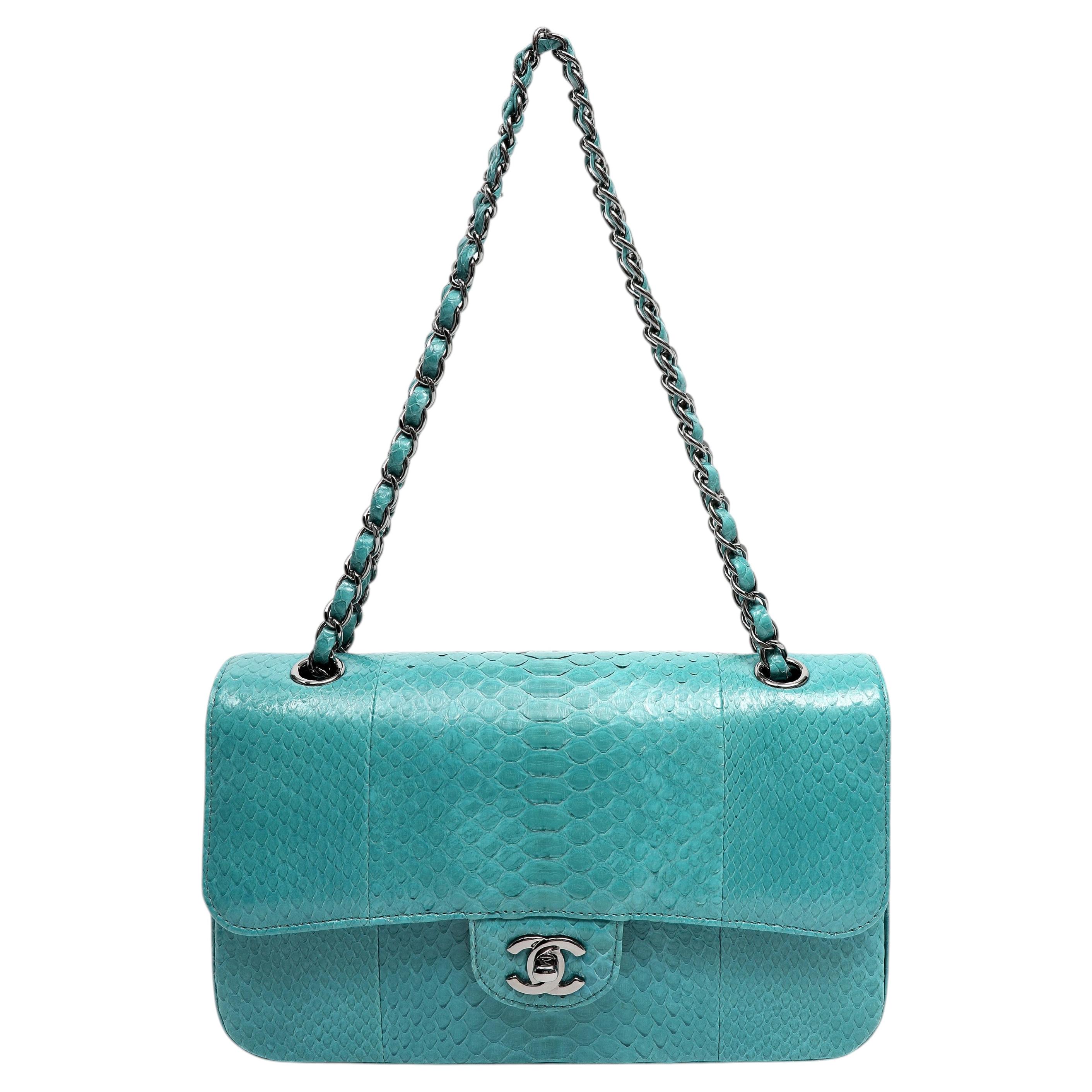 Chanel Vintage Classic Double Flap Jumbo Turquoise Python w/Ruthenium Hardware
