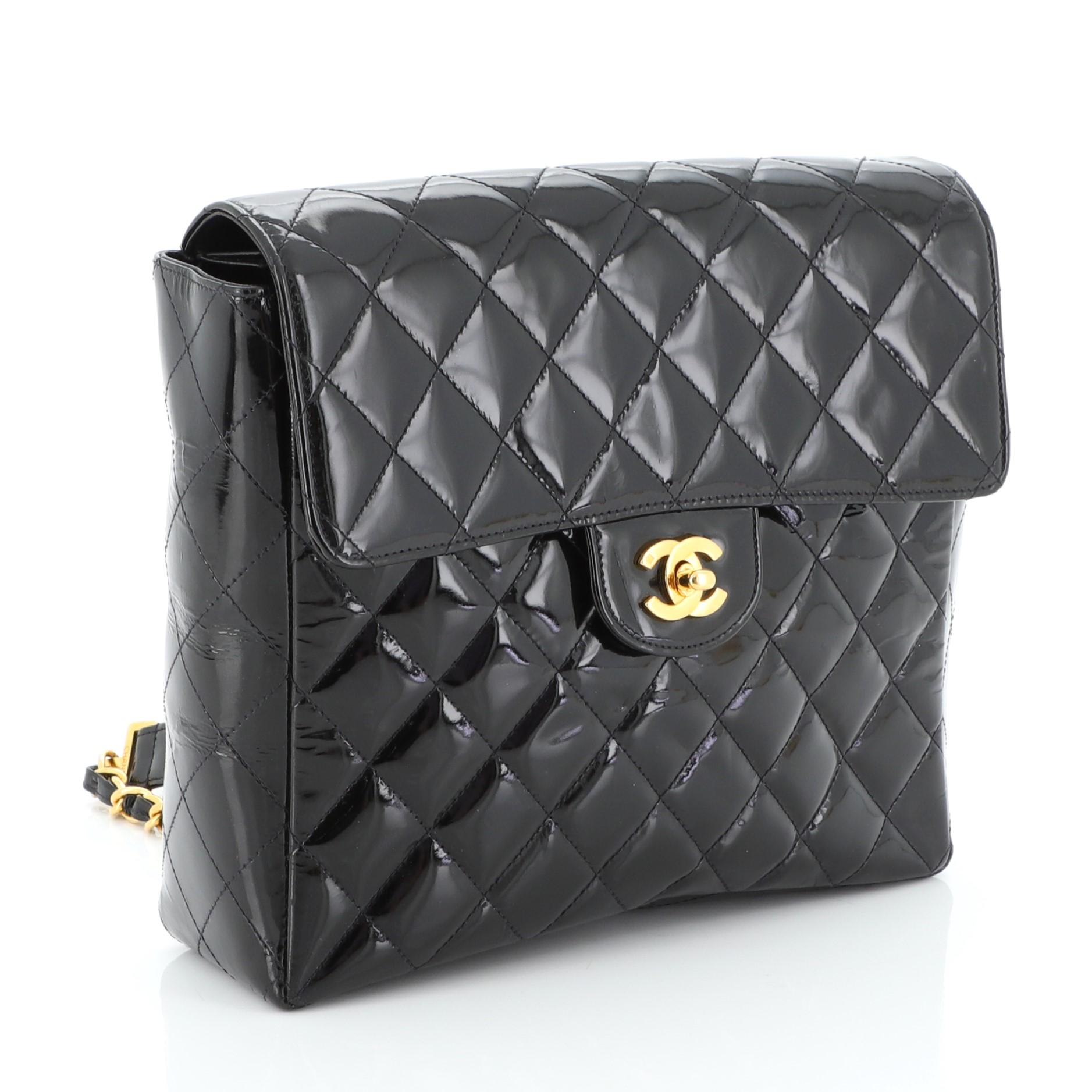 Black Chanel Vintage Classic Flap Backpack Quilted Patent Medium