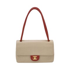 Chanel Vintage Classic Flap Bi-color Beige Perforated Leather and Red Strap Bag