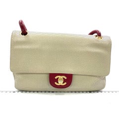 Chanel Vintage Classic Flap Bi-color Beige Perforated Leather Red Leather Strap
