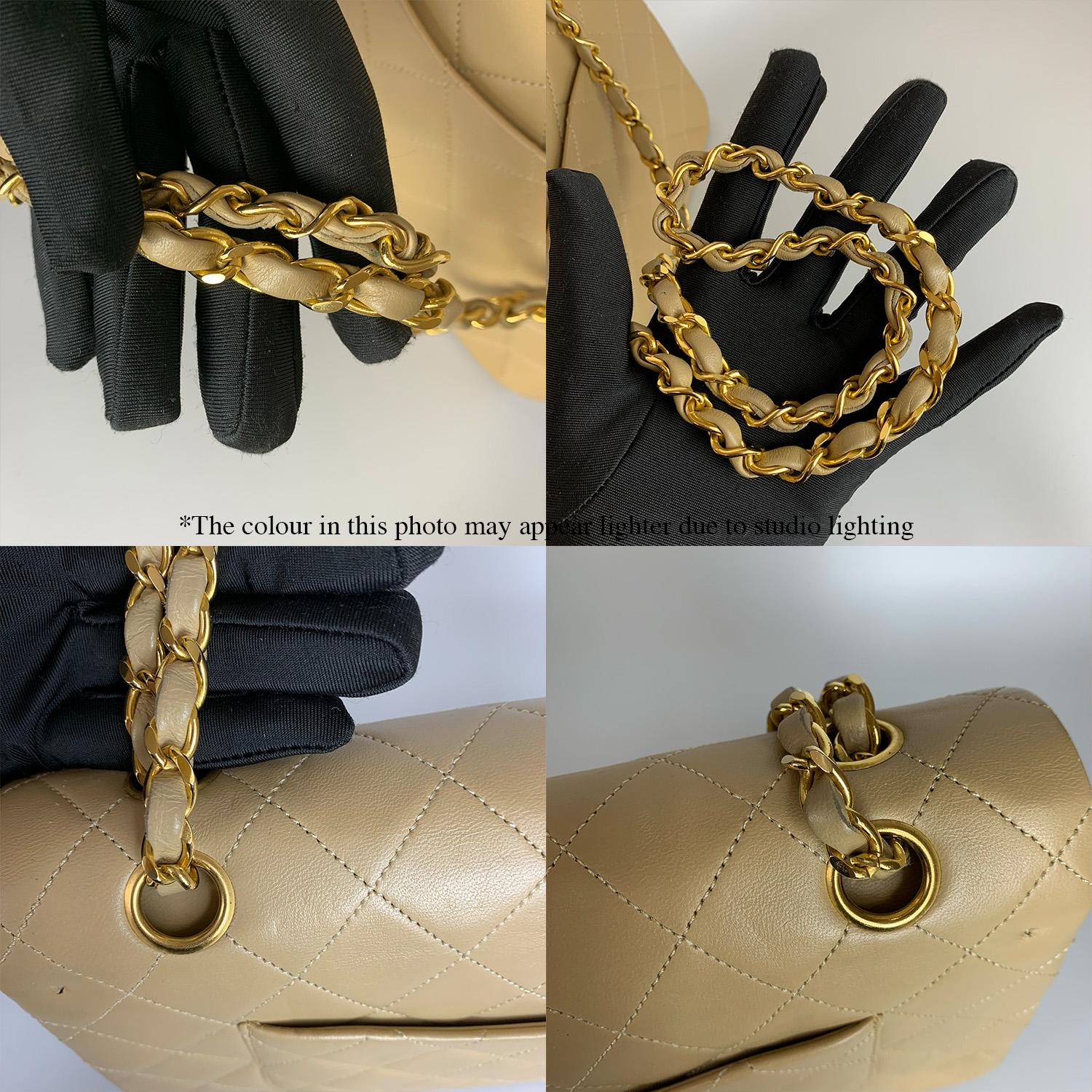 Chanel Vintage Classic Flap Medium Bag In Beige Lambskin Leather Gold Hardware For Sale 7