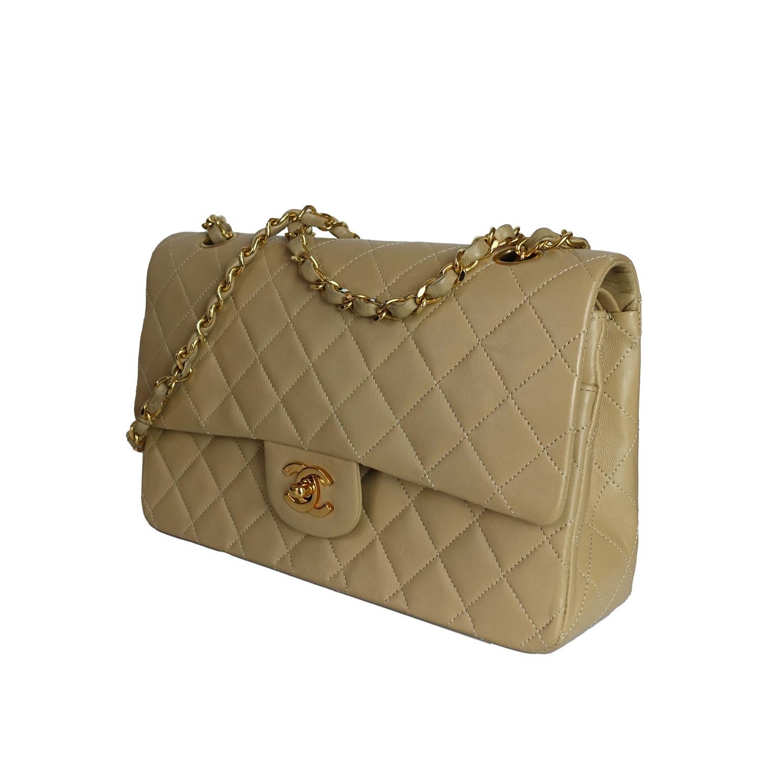 Brown Chanel Vintage Classic Flap Medium Bag In Beige Lambskin Leather Gold Hardware For Sale