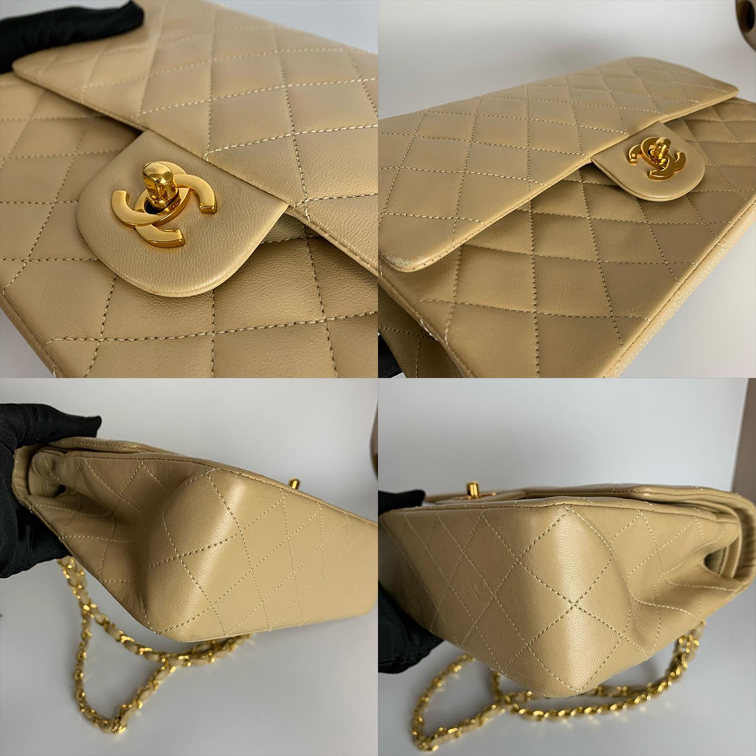 Chanel Vintage Classic Flap Medium Bag In Beige Lambskin Leather Gold Hardware For Sale 2
