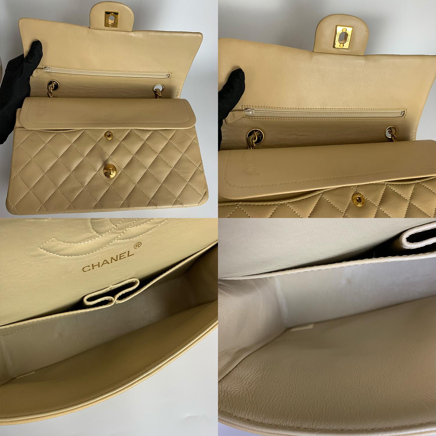 Chanel Vintage Classic Flap Medium Bag In Beige Lambskin Leather Gold Hardware For Sale 3