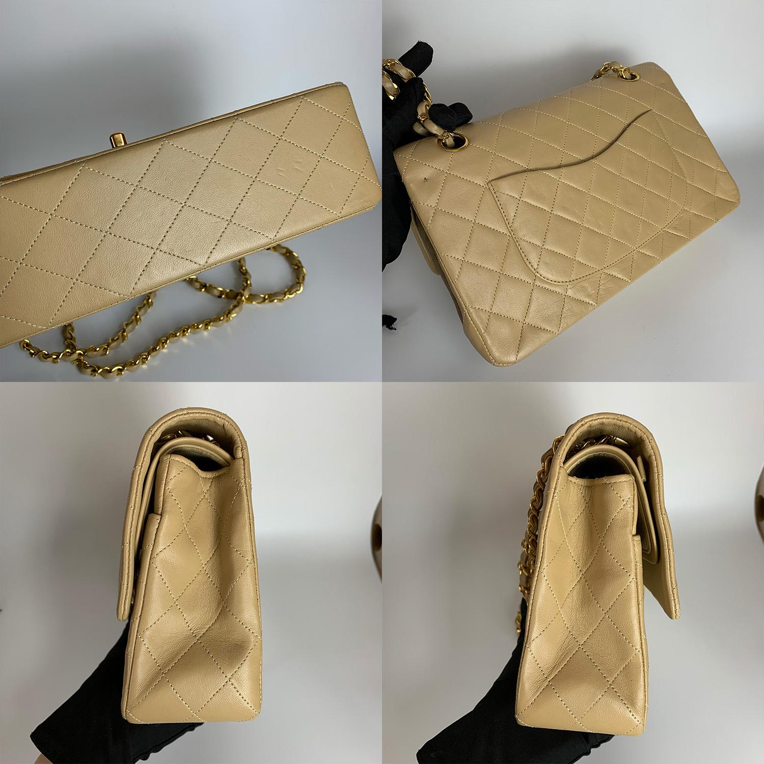 Chanel Vintage Classic Flap Medium Bag In Beige Lambskin Leather Gold Hardware For Sale 4